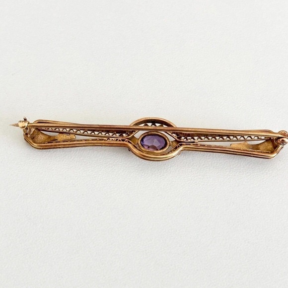 Antique 14K Solid Yellow Gold Intricate Design Detailed Amethyst Bar Brooch Pin - Picture 3 of 11